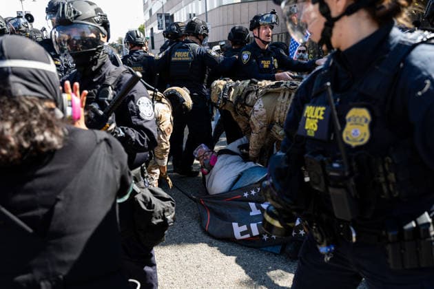 LOS ANGELES, CA - JUNE 06: A protester is arrested by police officers outside a federal detention center during an anti-ICE protest on June 6, 2026 in Los Angeles, California.  Copyright: xVCGx 111646651191