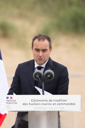 Sebastien Lecornu At D-Day Commemoration - Normandy Sebastien Lecornu, French Prime Minister, attends the ceremony at the school of naval fusiliers and marine commandos during the commemorations of the June 6, 1944 Normandy Landings in Ouistreham, France on June 6, 2026. Photo by Gregoire Campione Pool ABACAPRESS.COM France  Copyright: xCampionexGregoire ABACAx