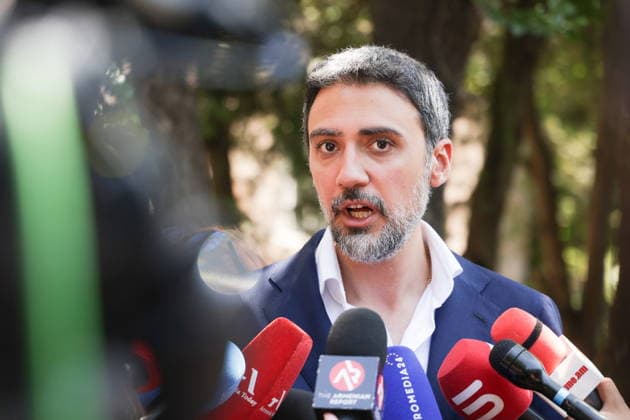 ARMENIA, YEREVAN - JUNE 7, 2026: Aram Vardevanyan, lawyer of Strong Armenia Party Leader Samvel Karapetyan, talks to journalists during the 2026 Armenian parliamentary election. Alexander Patrin TASS  93505443