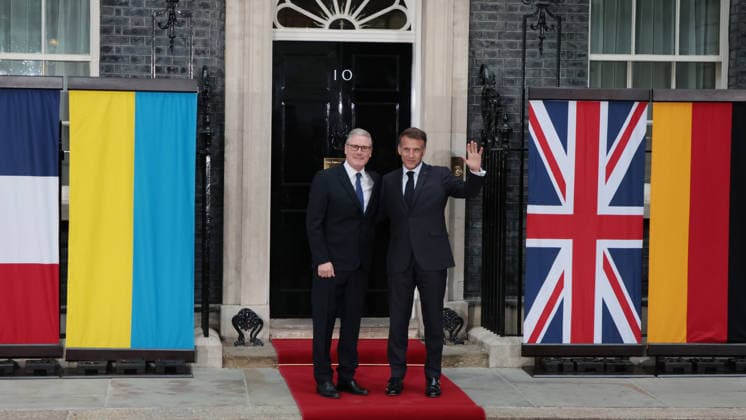 British Prime Minister Keir Starmer greets French President Emmanuel Macron at No.10 Downing Street in London on Sunday June 07, 2025. Starmer Merz, Macron and Zelensky are meeting together to discuss peace in Ukraine.  LON2026060709 HUGOxPHILPOTT