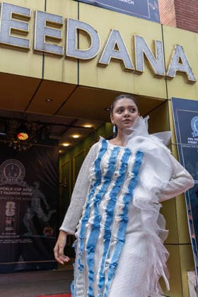 Street Fashion show ahead of the FIFA World cup in Dhaka - 07 Jun 2026 A model seen wearing a dress inspired by the colors and design of the Argentina national Football Team during the street Fashion show ahead of the FIFA World cup. Dhaka Bangladesh Copyright: xSazzadxHossainx xSOPAxImagesx Sazzad_FIFA Street Fashion Show Graffiti_FIFA worldcup