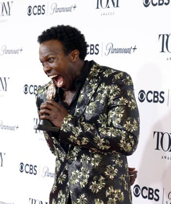 Joshua Henry poses with the Best Performance by an Actor in a Leading Role in a Musical award for Ragtime backstage at The 79th Annual Tony Awards at Radio City Music Hall on Sunday, June 7, 2026 in New York City.  NYP20260607335 JohnxAngelillo
