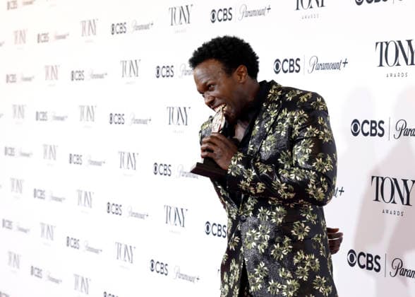 Joshua Henry poses with the Best Performance by an Actor in a Leading Role in a Musical award for Ragtime backstage at The 79th Annual Tony Awards at Radio City Music Hall on Sunday, June 7, 2026 in New York City.  NYP20260607336 JohnxAngelillo