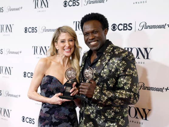 Caissie Levy, winner of the Best Performance by an Actress in a Leading Role in a Musical award for Ragtime , and Joshua Henry, winner of the Best Performance by an Actor in a Leading Role in a Musical for Ragtime pose backstage at The 79th Annual Tony Awards at Radio City Music Hall on Sunday, June 7, 2026 in New York City.  NYP20260607337 JohnxAngelillo