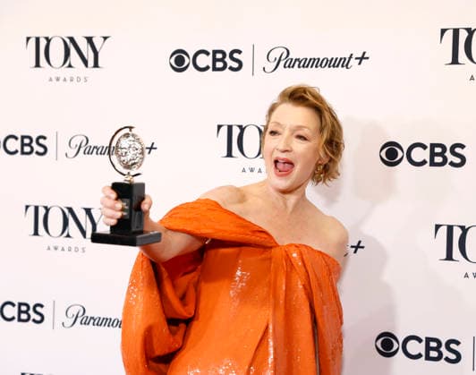 Lesley Manville poses with the Best Performance by an Actress in a Leading Role in a Play award for Oedipus backstage at The 79th Annual Tony Awards at Radio City Music Hall on Sunday, June 7, 2026 in New York City.  NYP20260607286 JohnxAngelillo