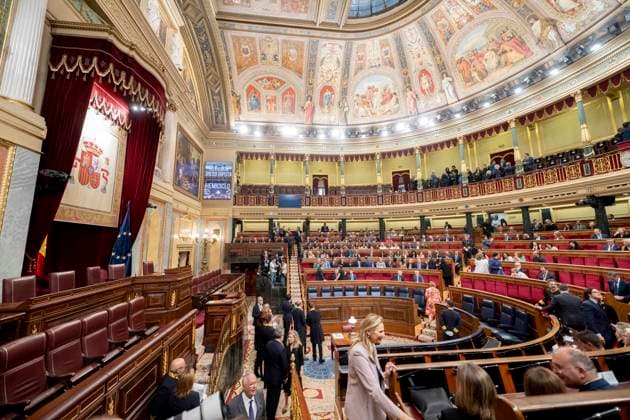 Pope Leo XIV visits the Congress Hemicycle during the visit of Pope Leo XIV to the Congress of Deputies, June 8, 2026, in Madrid Spain Leo XIV is the first Pope to deliver an address as head of the Vatican State to deputies and senators, as part of his official trip to Spain 08 JUNE 2026 Madrid Madrid Spain  Copyright: xAlbertoxOrtegax 7579778