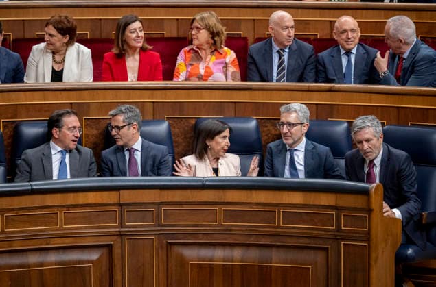 Pope Leo XIV visits Congress I D The Minister of Foreign Affairs, Cooperation and European Union, José Manuel Albares the Minister of the Presidency, Justice and Relations with the Cortes, Félix Bolanos the Minister of Defense, Margarita Robles the Minister of Finance, Arcadi Espana, and the Minister of the Interior, Fernando Grande Marlaska, during the visit of Pope Leo XIV to the Congress of Deputies, on June 8, 2026, in Madrid Spain Leo XIV is the first pope to deliver a speech as head of the Vatican State to deputies and senators, as part of his official trip to Spain 08 JUNE 2026 Madrid Madrid Spain  Copyright: xAlbertoxOrtegax 7579923