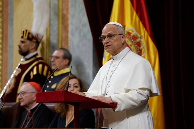 Pope Leo XIV delivers a speech at the Lower House in Madrid, Spain, 08 June 2026, as part of his week long visit to Spain. Pope visits Spanish Lower House !ACHTUNG: NUR REDAKTIONELLE NUTZUNG!  Copyright: xJ.J.Guillenx GRAF4159 20260608-55020532682_1