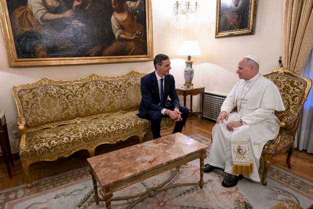 SPAIN - POPE LEO XIV DURING A PRIVATE MEETING WITH THE PRESIDENT OF THE SPAIN GOVERNMENT, PEDRO SANCHEZ PEREZ- CASTEJON IN MADRID - 2026 6 8 Spain, Vatican, 2026 6 8 Pope Leo XIV during a private meeting with the President of the Spanish Government, Pedro Sánchez Pérez-Castejón, in Madrid EDITORIAL USE ONLY - NO BOOKS Copyright: xVATICANxMEDIA CPPx