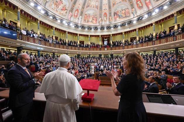SPAIN - POPE LEO XIV DURING A JOINT SESSION OF THE SPANISH PARLAMENT AT THE CONGRESS OF DEPUTIES IN MADRID - 2026 6 8 Spain, Vatican, 2026 6 8 Pope Leo XIV during a joint session of the Spanish Parliament at the Congress of Deputies in Madrid EDITORIAL USE ONLY - NO BOOKS Copyright: xVATICANxMEDIA CPPx
