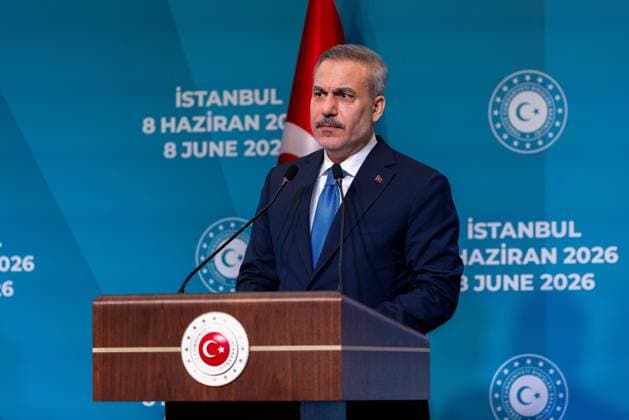 10th Trilateral meeting of the Ministers of Foreign Affairs of Turkiye, Azerbaijan and Georgia ISTANBUL, TURKIYE - JUNE 08: Turkish Foreign Minister Hakan Fidan (seen), Azerbaijani Foreign Minister Jeyhun Bayramov and Georgian Foreign Minister Maka Botchorishvili hold a joint press conference following the 10th Turkiye-Azerbaijan-Georgia Trilateral Meeting of Ministers of Foreign Affairs at Ciragan Palace in Istanbul, Turkiye on June 08, 2026. Murat Gok Anadolu Istanbul Turkey. Editorial use only. Please get in touch for any other usage.  Copyright: x2026xAnadoluxMuratxGokx