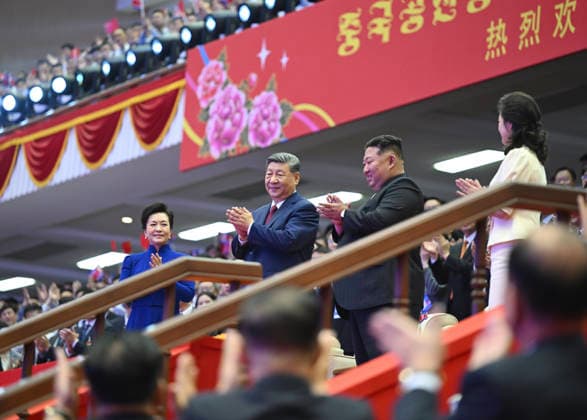 (260608) -- PYONGYANG, June 8, 2026 -- Xi Jinping, general secretary of the Communist Party of China Central Committee and Chinese president, and his wife Peng Liyuan, along with Kim Jong Un, general secretary of the Workers Party of Korea and president of the State Affairs of the Democratic People s Republic of Korea (DPRK), and Kim s wife Ri Sol Ju, watch an artistic performance at the Pyongyang Gymnasium in Pyongyang, the DPRK, June 8, 2026. ) DPRK-PYONGYANG-CHINA-XI JINPING-PENG LIYUAN-ARTISTIC PERFORMANCE YanxYan 