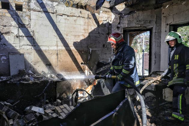 Firefighters extinguish a fire in a house damaged by a Russian drone attack, Oleksandrivka village, Odesa region, Ukraine, June 8, 2026. (Photo by Nina Liashonok Ukrinform) Russian troops attack Odesa and region with drones  Copyright: xNinaxLiashonokx