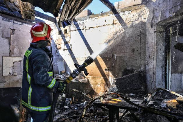 A firefighter extinguishes a fire in a house caused by a Russian drone attack, Oleksandrivka village, Odesa region, Ukraine, June 8, 2026. (Photo by Nina Liashonok Ukrinform) Russian troops attack Odesa and region with drones  Copyright: xNinaxLiashonokx
