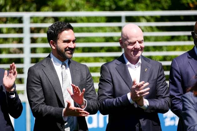 New York, NY- June 8: Governor Hochul and Mayor Mamdani make a World Cup FIFA announcement of a free watch party in Central Park for the FIFA World Cup 2026 Final on Sunday, July 19. With FIFA President Gianni Infantino, George Weah on June 8, 20267 Credit: AdMedia USA  - ZUMAa123 20260608_zaa_a123_300 Copyright: xCamaraxPorterx
