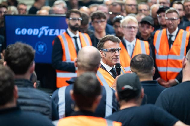 French President Emmanuel Macron visits and delivers a speech in the Goodyear Manufacture , an industrial site specialized in the production of high quality tires Amiens Sud, France Monday, June 8, 2026 Jeanne Accorsini Pool Bestimage Amiens France  Copyright: xJeannexAccorsini Pool BestimagexJeannexAccorsini Pool Bestimagex