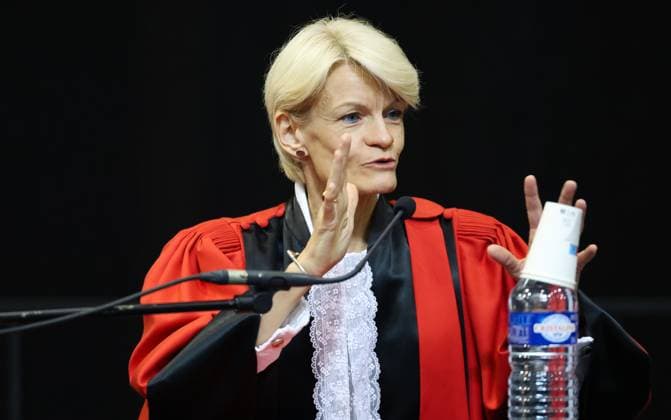 Court chairwoman Martine Baes gestures during the trial of P. and A. Falzone, at the Court of Appeal of Mons, on Tuesday 09 June 2026. The trial of the two men concerns the 2022 tragedy in Strepy-Bracquegnies, where a car plowed into a carnival parade around 5:00. Six people died at the scene, and a seventh months later in the hospital. P. Falzone is charged with seven murder and 81 attempted murder. A. Falzone with failure to render aid to a person in danger.  VIRGINIExLEFOUR 176778074