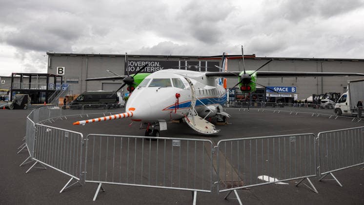 Presserundgang auf der ILA Berlin 2026, Berlin, 09.06.2026 Eine Dornier 328-100 des Deutschen Zentrums für Luft- und Raumfahrt (DLR) mit der Kennung D-CUPL, eingesetzt als fliegendes Testlabor D328 UpLift , steht im Aussenbereich der ILA Berlin 2026. Schönefeld Selchow Brandenburg Deutschland *** Press tour at the ILA Berlin 2026, Berlin, 09 06 2026 A Dornier 328 100 of the German Aerospace Center DLR with the registration D CUPL, used as a flying test laboratory D328 UpLift , stands in the outdoor area of the ILA Berlin 2026 Schönefeld Selchow Brandenburg Germany 20260609-286A8710-M4000