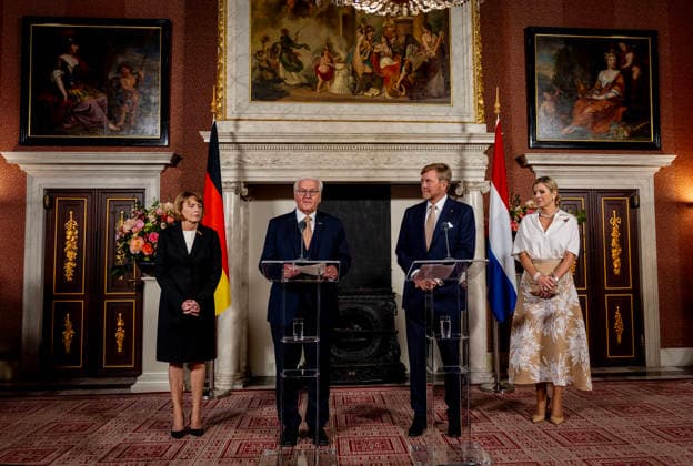 09-06-2026 Amsterdam Queen Maxima and King Willem-Alexander and Federal President of Germany Frank-Walter Steinmeier and Elke Budenbender during the pressstatement after the welcome ceremony at the Dam palace on the 1st day of the 3 day statevisit to the Netherlands in Amsterdam. Â  Copyright: xPPEx