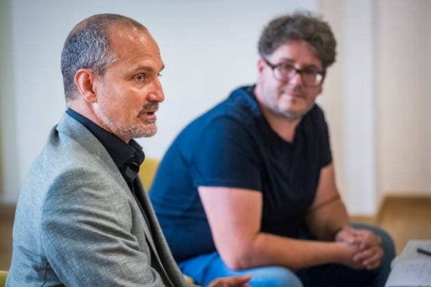Choreographer and festival founder Jiri Bubenicek, left, and Pavol Juras, festival spokesperson, journalist, and theater critic speak at a press conference for the new dance festival Prague on Point International Ballet Festival, in Prague, Czech Republic, June 9, 2026 (CTKxPhoto VitxSimanek) CTKPhotoP2026060903768  CTKPhotoP2026060903768