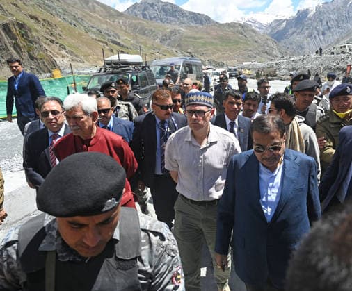 DRASS, INDIA - JUNE 9: Union Minister of Road Transport and Highways, Nitin Gadkari, with Jammu and Kashmir Lieutenant Governor Manoj Sinha and Jammu and Kashmir Chief Minister Omar Abdullah at the historic breakthrough ceremony of the Zojila Tunnel at Meenamarg on June 9, 2026 in Drass, India. Build at the cost of Rs 6000 Cr. the 13.15 KM tunnel is now the world s longest single-tube, bi-directional road tunnel at an elevation exceeding 11,500 feet. The historic breakthrough brings a decades-old national security dream closer to reality. For generations, the treacherous Zojila Pass on National Highway 1 (NH-1) has functioned as a severe logistical bottleneck, shutting down completely for three to four months during peak winter due to heav