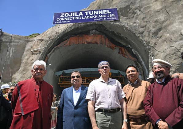 DRASS, INDIA - JUNE 9: Union Minister of Road Transport and Highways, Nitin Gadkari, with Jammu and Kashmir Lieutenant Governor Manoj Sinha and Jammu and Kashmir Chief Minister Omar Abdullah at the historic breakthrough ceremony of the Zojila Tunnel at Meenamarg on June 9, 2026 in Drass, India. Build at the cost of Rs 6000 Cr. the 13.15 KM tunnel is now the world s longest single-tube, bi-directional road tunnel at an elevation exceeding 11,500 feet. The historic breakthrough brings a decades-old national security dream closer to reality. For generations, the treacherous Zojila Pass on National Highway 1 (NH-1) has functioned as a severe logistical bottleneck, shutting down completely for three to four months during peak winter due to heav