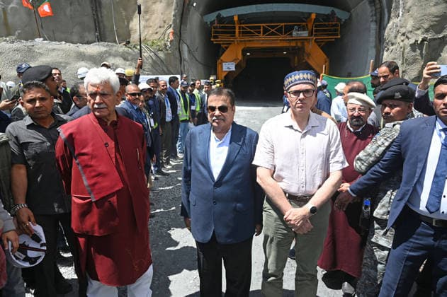 DRASS, INDIA - JUNE 9: Union Minister of Road Transport and Highways, Nitin Gadkari, with Jammu and Kashmir Lieutenant Governor Manoj Sinha and Jammu and Kashmir Chief Minister Omar Abdullah at the historic breakthrough ceremony of the Zojila Tunnel at Meenamarg on June 9, 2026 in Drass, India. Build at the cost of Rs 6000 Cr. the 13.15 KM tunnel is now the world s longest single-tube, bi-directional road tunnel at an elevation exceeding 11,500 feet. The historic breakthrough brings a decades-old national security dream closer to reality. For generations, the treacherous Zojila Pass on National Highway 1 (NH-1) has functioned as a severe logistical bottleneck, shutting down completely for three to four months during peak winter due to heav