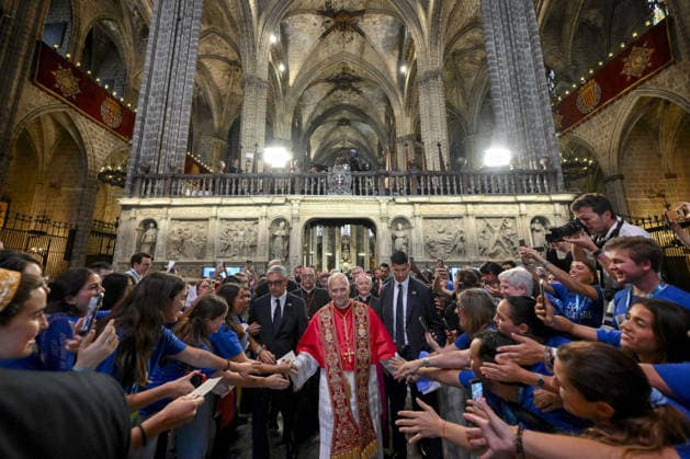 Pope Leo XIV Prayer At The Barcelona Cathedral - Spain Pope Leo XIV presides over midday prayer at the Barcelona Cathedral (Cathedral of the Holy Cross and Saint Eulalia) in Barcelona on June 9, 2026 on the fourth day of his pastoral visit to Spain. Photo by (EV) Simone Risoluti Vatican Media ABACAPRESS.COM Barcelona Spain  Copyright: xABACAx