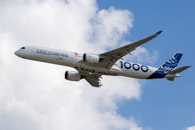 ILA Berlin 2026, Berlin, 09.06.2026 Ein Airbus A350-1000 XWB (F-WMIL) in Airbus-Werkslivery beim Flying Display. Das Langstreckenflugzeug praesentiert sich im Flug vor teils bewoelktem Himmel. *** ILA Berlin 2026, Berlin, 09 06 2026 An Airbus A350 1000 XWB F WMIL in Airbus factory livery at the flying display The long-haul aircraft presents itself in flight against a partly cloudy sky 20260609-1V9A1163-M4000