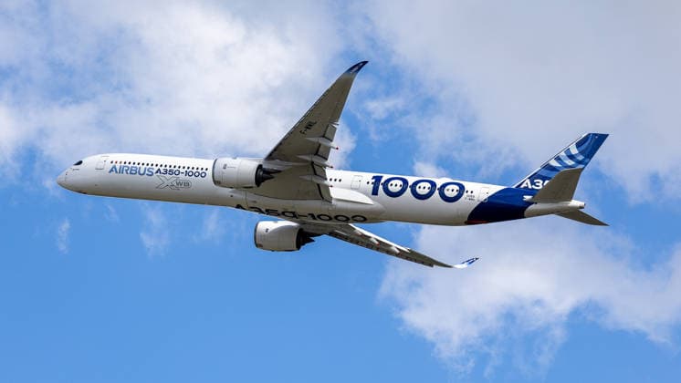 ILA Berlin 2026, Berlin, 09.06.2026 Ein Airbus A350-1000 XWB in der Werks-Bemalung von Airbus (Kennzeichen F-WMIL) beim Flugvorfuehrung vor bewolktem Himmel. *** ILA Berlin 2026, Berlin, 09 06 2026 An Airbus A350 1000 XWB in the factory livery of Airbus registration F WMIL during the flight demonstration in front of a cloudy sky 20260609-1V9A1170-M4000