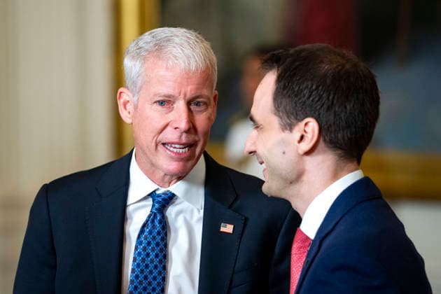 Secretary of Energy Chris Wright speaks with Director of the White House Office of Science and Technology Policy Michael Kratsios before an event honoring the winners of the Presidential AI Regional Challenge in the East Room of the White House in Washington, DC on Tuesday, June 9, 2026. The challenge recognizes both student and educator teams who designed AI-based solutions for community challenges.  WAP20260609374 BONNIExCASH