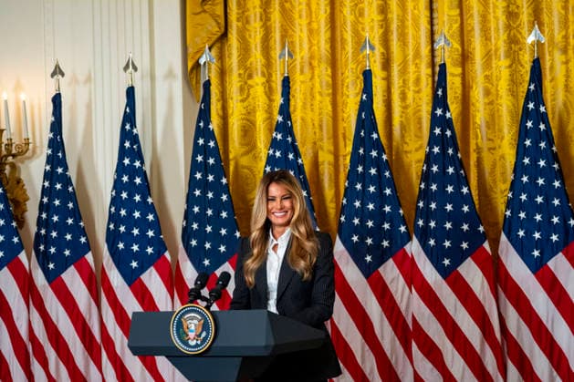 First Lady Melania Trump speaks during an event honoring the winners of the Presidential AI Regional Challenge in the East Room of the White House in Washington, DC on Tuesday, June 9, 2026. The challenge recognizes both student and educator teams who designed AI-based solutions for community challenges.  WAP20260609381 BONNIExCASH