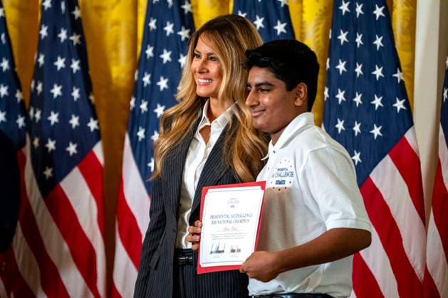 First Lady Melania Trump poses with winners of the Presidential AI Regional Challenge in the East Room of the White House in Washington, DC on Tuesday, June 9, 2026. The challenge recognizes both student and educator teams who designed AI-based solutions for community challenges.  WAP20260609388 BONNIExCASH