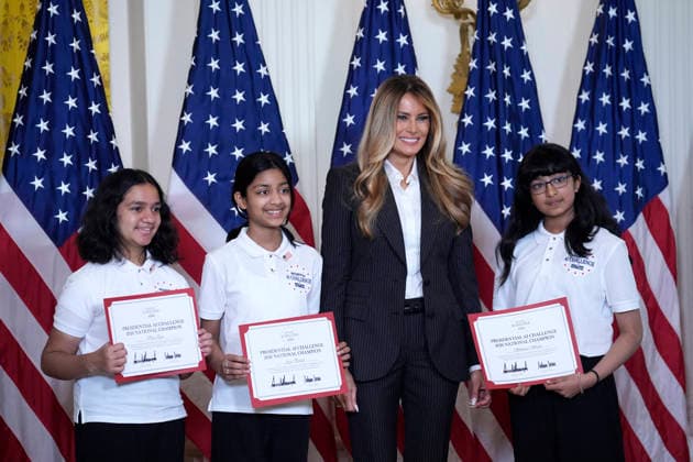 Melania Trump on AI champions awards - Washington US First lady Melania Trump participates in the Presidential Artificial Intelligence Challenge National Champion Awards Ceremony in the East Room at the White House in Washington on June 9, 2026. Photo by Yuri Gripas ABACAPRESS.COM Washington DC United States  Copyright: xGripasxYuri ABACAx