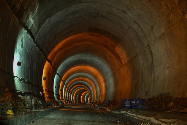 DRASS, INDIA - JUNE 9: Inside view of Zojila Tunnel following its breakthrough ceremony at Meenamarg on June 9, 2026 in Drass, India. Build at the cost of Rs 6000 Cr. the 13.15 KM tunnel is now the world s longest single-tube, bi-directional road tunnel at an elevation exceeding 11,500 feet. The historic breakthrough brings a decades-old national security dream closer to reality. For generations, the treacherous Zojila Pass on National Highway 1 (NH-1) has functioned as a severe logistical bottleneck, shutting down completely for three to four months during peak winter due to heavy avalanches, massive snow accumulation, and sub-zero structural icing.(Photo by Waseem Andrabi Hindustan Times) Union Minister For Road Transport And Highways Nit