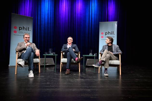 Philosophiefest phil. Cologne in Köln Journalist Jürgen Wiebicke, l-r, Historiker Andreas Rödder und Extremismusforscher Armin Pfahl-Traughber spricht auf der Phil.Cologne, ein internationales Fest für Philosophie, über das Thema Gefährliche Ideen - über die Klassiker der Neuen Rechten und die Grenzen des Konservatismus *** Journalist Jürgen Wiebicke, l r, historian Andreas Rödder and extremism researcher Armin Pfahl Traughber speaks at Phil Cologne, an international festival of philosophy, on the topic of Dangerous Ideas about the classics of the New Right and the limits of conservatism