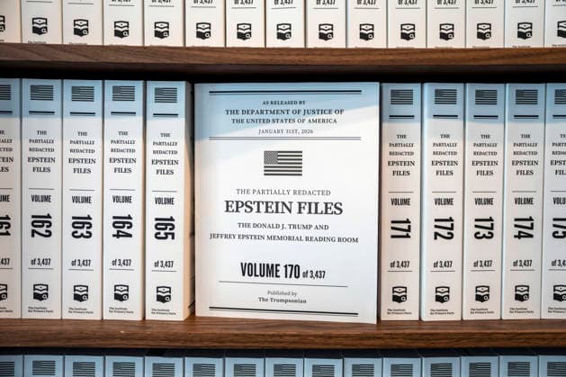 Bound pages of the Epstein Files are seen in a pop-up exhibit The Donald J. Trump and Jeffrey Epstein Memorial Reading Room in Washington, DC on Tuesday, June 9, 2026. The traveling exhibit, run by The Institute of Primary Facts, includes 3,437 bound volumes of documents and photographs released by the Department of Justice on convicted sex-offender Jeffrey Epstein, who died in 2019.  WAP20260609395 BONNIExCASH