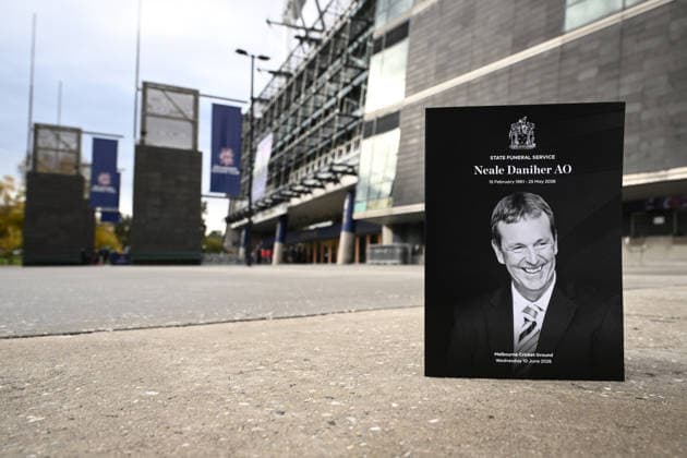 NEALE DANIHER STATE FUNERAL, A copy of the Order of Service ahead of a State Funeral Service for Neale Daniher at the MCG, Melbourne, Wednesday, June 10, 2026. A state funeral will honour the life and extraordinary achievements of AFL great Neale Daniher, whose fight against MND inspired countless Australians. ( NO ARCHIVING MELBOURNE VICTORIA AUSTRALIA  Copyright: xJOELxCARRETTx 20260610148300664927