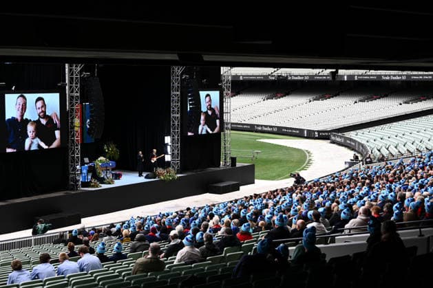 NEALE DANIHER STATE FUNERAL, A general view of the crowd during a State Funeral Service for Neale Daniher at the MCG, Melbourne, Wednesday, June 10, 2026. A state funeral will honour the life and extraordinary achievements of AFL great Neale Daniher, whose fight against MND inspired countless Australians. ( NO ARCHIVING MELBOURNE VICTORIA AUSTRALIA  Copyright: xJOELxCARRETTx 20260610158562943999