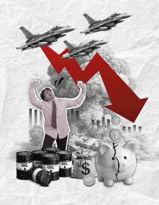 Ein Geschäftsmann reagiert auf sinkende Ölpreise inmitten militärischer Spannungen, was wirtschaftliche Not und Marktinstabilität symbolisiert A businessman reacts to falling oil prices amidst military tensions, symbolizing economic distress and market instability Copyright: imageBROKER WORAWEExMEEPIAN ibxiqx17882660.jpg ,model released, Symbolfoto ,property released