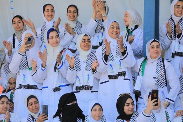 Nursing students hold white coat ceremony amid Gaza ruins Palestinian students from the Faculty of Nursing and Health Sciences at the University College of Applied Sciences take part in a White Coat Ceremony and Nursing Oath event amid the ruins of the college s buildings in Gaza City on June 10, 2026. The ceremony, attended by representatives of international and donor organizations, was held at the site of facilities destroyed during the war and marks the beginning of the students’ practical training in the health sector. Photo by Bilal Osama apaimages Gaza city Gaza Strip Palestinian Territory 100626_Gaza_BO_00(54) Copyright: xapaimagesxBilalxOsamax xapaimagesx
