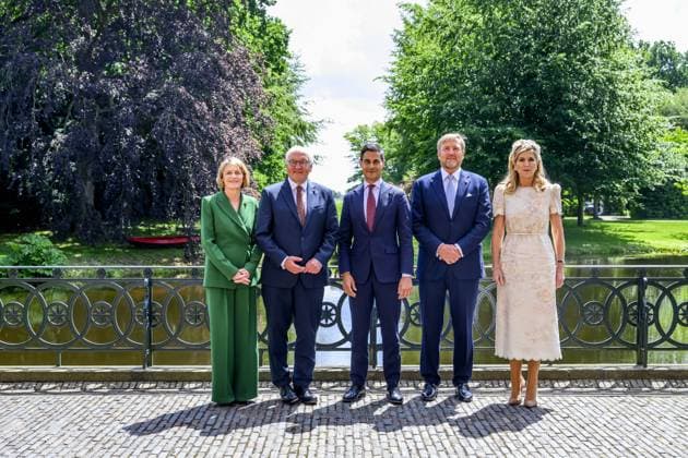 Den Haag, The Netherlands, 2026-06-10 12:41:50 THE HAGUE, 10-06-2026, Duivenvoorde Castle At the invitation of His Majesty King Willem Alexander and Queen Maxima, the Federal President of Germany, Frank-Walter Steinmeier, is paying a state visit to the Netherlands. He is accompanied by his wife, Elke Büdenbender. PHOTO: NLBeeld Patrick van Emst In the photo: Government lunch - Federal President Steinmeier and Mrs. Büdenbender are received by Prime Minister Jetten at Duivenvoorde Castle in Voorschoten. Credit: NL Beeld Patrick van Emst  Copyright: xx x