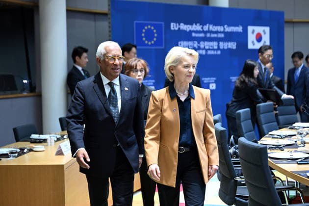 European Union (EU) - Republic of Korea Summit in Brussels BRUSSELS, BELGIUM - JUNE 10: EU Council President Antonio Costa (L) and EU Commission President Ursula von der Leyen (R) attend the opening of the European Union (EU) - Republic of Korea Summit in Brussels, Belgium, on June 10, 2026. Dursun Aydemir Anadolu Brussels Belgium. Editorial use only. Please get in touch for any other usage.  Copyright: x2026xAnadoluxDursunxAydemirx