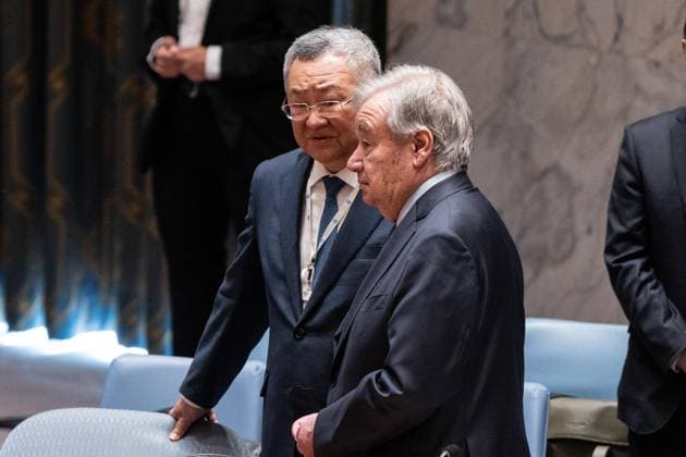 June 10, 2026, New York, New York, USA: Ambassador Fu Cong of China speaks with Secretary-General Antonio Guterres before Security Council meeting on Advancing political solutions in the Middle East: mediation and dialogue for a lasting peace as Colombia is the President of Security Council for the month of June at UN Headquarters in New York, NY on June 10, 2026. New York USA  - ZUMAr339 20260610_znp_r339_001 Copyright: xLevxRadinx