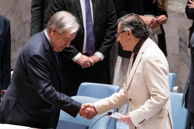 June 10, 2026, New York, New York, USA: Secretary-General Antonio Guterres and Gustavo Petro Urrego, President of the Republic of Colombia shake hands before Security Council meeting on Advancing political solutions in the Middle East: mediation and dialogue for a lasting peace as Colombia is the President of Security Council for the month of June at UN Headquarters in New York, NY on June 10, 2026. New York USA - ZUMAr339 20260610_znp_r339_002 Copyright: xLevxRadinx