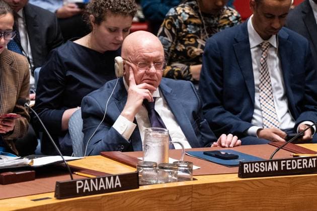 June 10, 2026, New York, New York, USA: Ambassador Vassily Nebenzia of Russia attends Security Council meeting on Advancing political solutions in the Middle East: mediation and dialogue for a lasting peace as Colombia is the President of Security Council for the month of June at UN Headquarters in New York, NY on June 10, 2026. New York USA - ZUMAr339 20260610_znp_r339_021 Copyright: xLevxRadinx