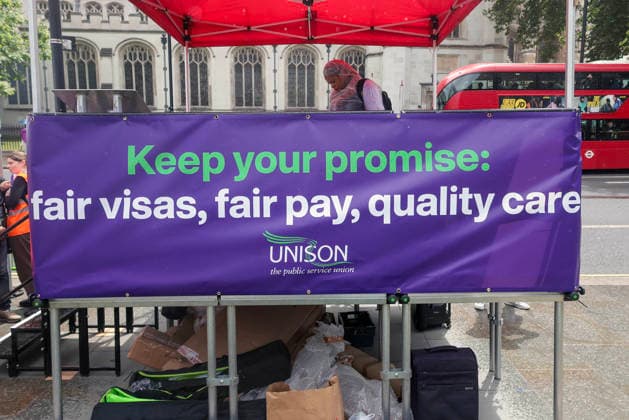 . 10 06 2026. London, United Kingdom. UNISON Visa Protest. UNISON marches on Westminster over broken promise to care workers. The day of action marks a significant escalation in the union™s Fair Visa Campaign, by taking it directly to Downing Street and the Home Office for the first time.  xMartynxWheatleyx xi-Imagesx IIM-26823-0011