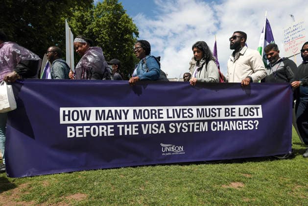 . 10 06 2026. London, United Kingdom. UNISON Visa Protest. UNISON marches on Westminster over broken promise to care workers. The day of action marks a significant escalation in the union™s Fair Visa Campaign, by taking it directly to Downing Street and the Home Office for the first time.  xMartynxWheatleyx xi-Imagesx IIM-26823-0014