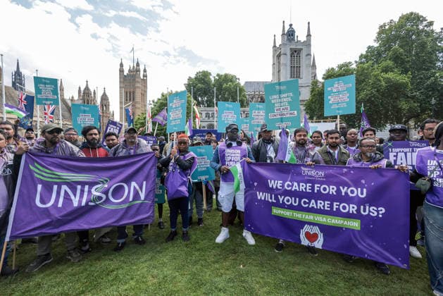 . 10 06 2026. London, United Kingdom. UNISON Visa Protest. UNISON marches on Westminster over broken promise to care workers. The day of action marks a significant escalation in the union™s Fair Visa Campaign, by taking it directly to Downing Street and the Home Office for the first time.  xMartynxWheatleyx xi-Imagesx IIM-26823-0017