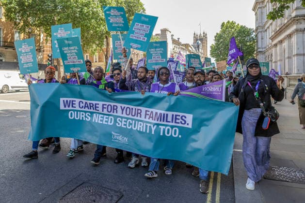 . 10 06 2026. London, United Kingdom. UNISON Visa Protest. UNISON marches on Westminster over broken promise to care workers. The day of action marks a significant escalation in the union™s Fair Visa Campaign, by taking it directly to Downing Street and the Home Office for the first time.  xMartynxWheatleyx xi-Imagesx IIM-26823-0025